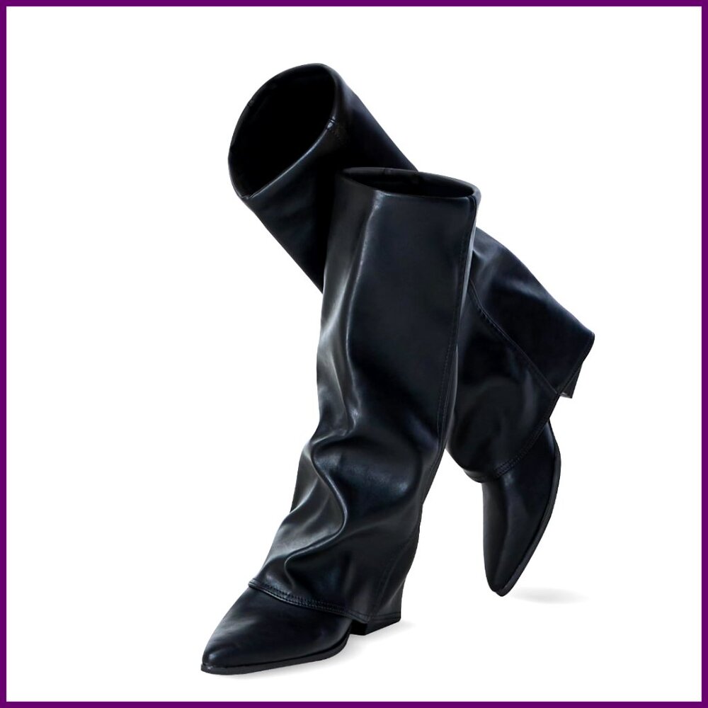 Knee High Fold Over Shark Boots Pointed Toe Block Heels Wide Calf Faux Leather